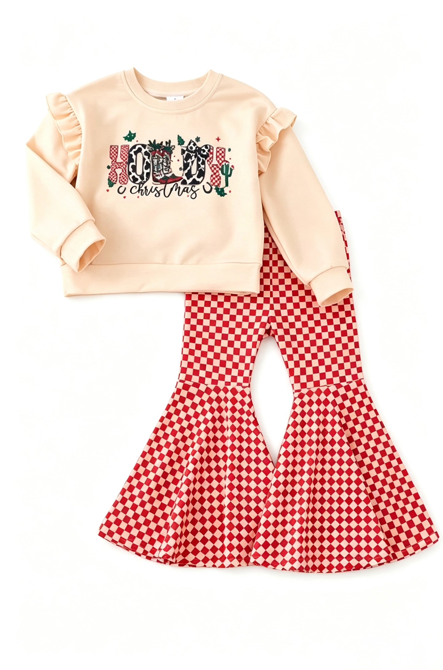 8.8 GLP3656 Preorder Holly Top Checkered Bell Pants Girls Christmas Clothes Set