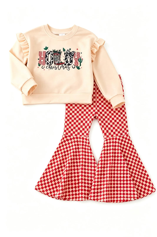8.8 GLP3656 Preorder Holly Top Checkered Bell Pants Girls Christmas Clothes Set