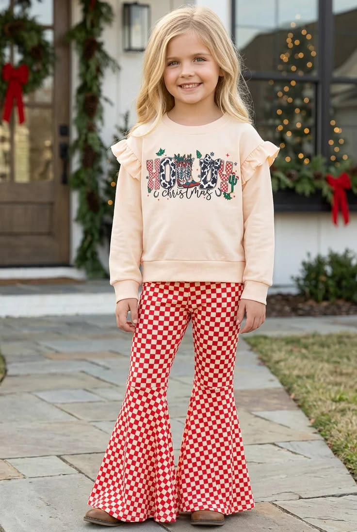 8.8 GLP3656 Preorder Holly Top Checkered Bell Pants Girls Christmas Clothes Set