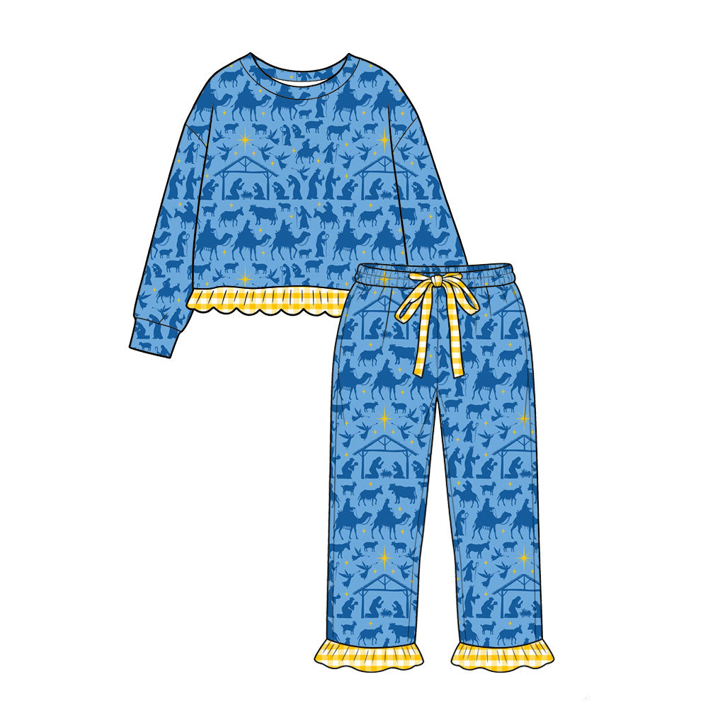 8.8 GLP3658 Preorder Nativity Blue Print Long Sleeve Top Pants Girls Christmas Clothes Set