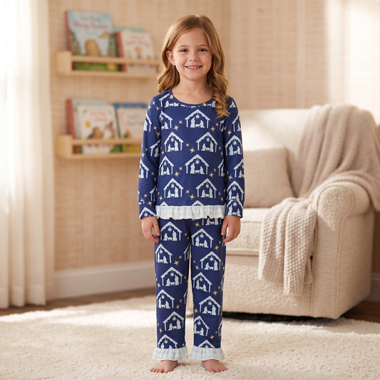 GLP3659 Nativity Navy Print Long Sleeve Top Pants Girls Christmas Ruffle Clothes Set