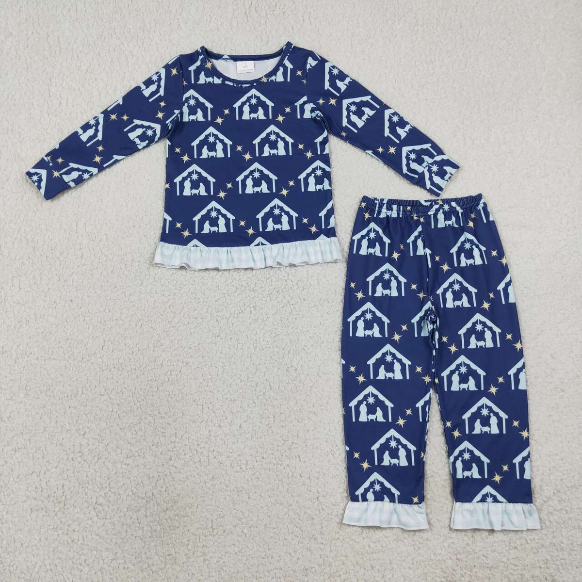 GLP3659 Nativity Navy Print Long Sleeve Top Pants Girls Christmas Ruffle Clothes Set