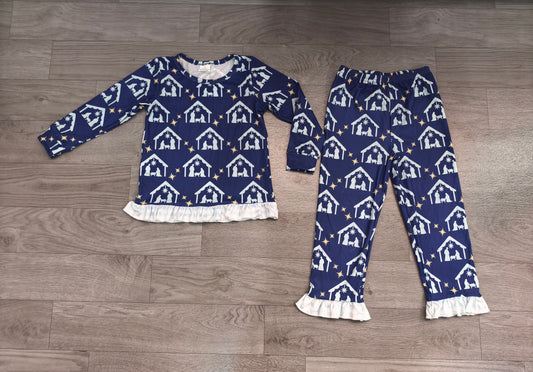 8.8 GLP3659 Preorder Nativity Navy Print Long Sleeve Top Pants Girls Christmas Clothes Set