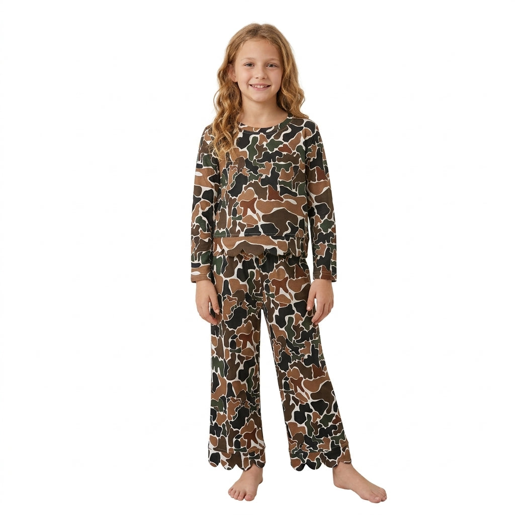 GLP3662 Brown Camo Print Girls Fall Scallop Edge Clothes Set