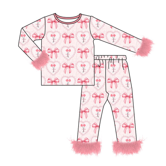 8.10 GLP3668 Preorder Hearts Flowers Pink Bows Print Girls Valentine's Day Fur Pajamas Clothes Set