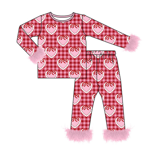 8.10 GLP3669 Preorder Hearts Pink Bows Checkered Print Girls Valentine's Day Fur Pajamas Clothes Set