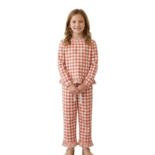 GLP3672 Orange Gingham Long Sleeve Top Pockets Ruffle Pant Girls Clothes Set