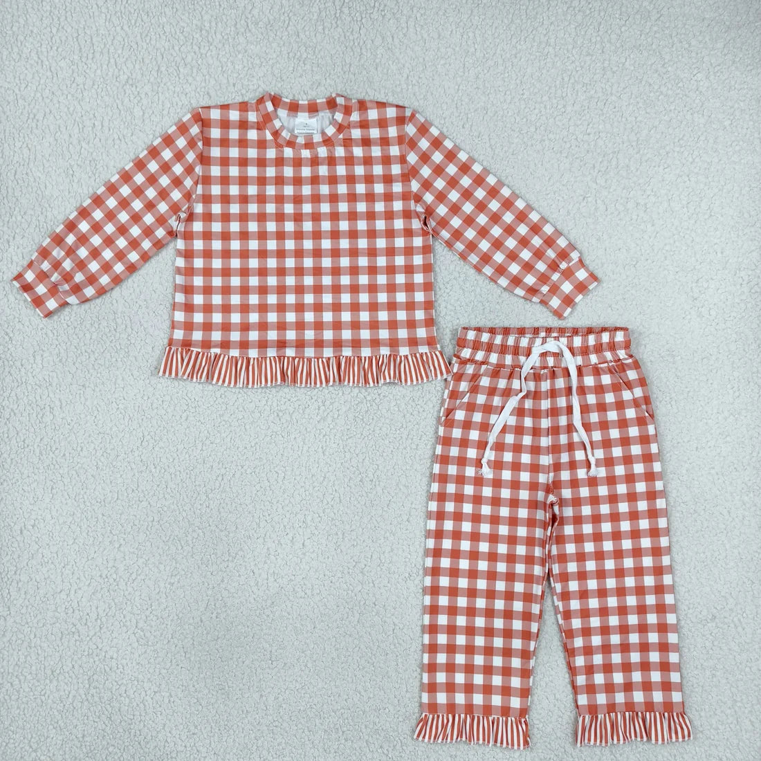 Sibling Kids Girls Gingham Long Sleeve Top with Pants Outfit with Ruffle