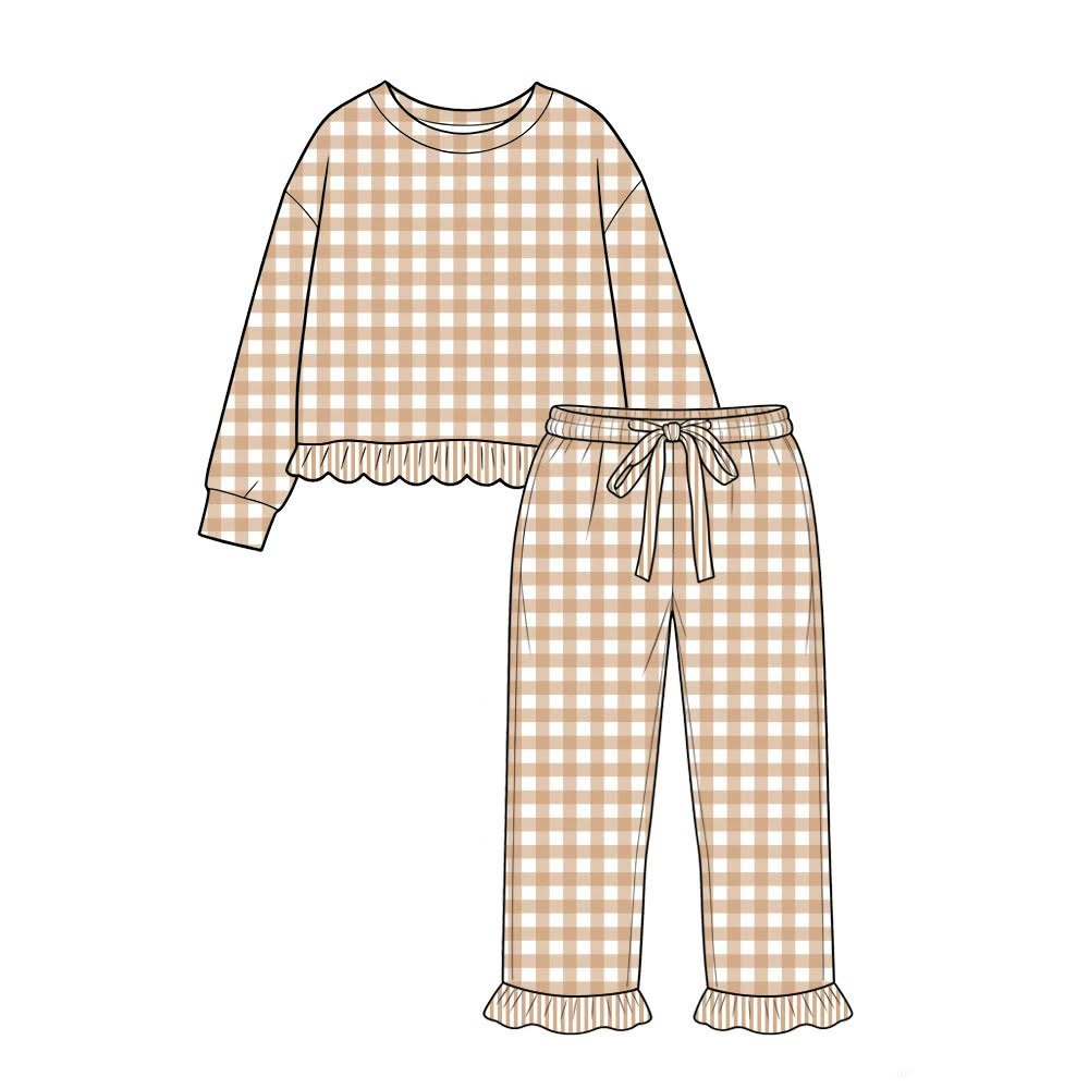 8.10 Preorder Kids Girls Khaki Gingham Long Sleeve Pajama Set