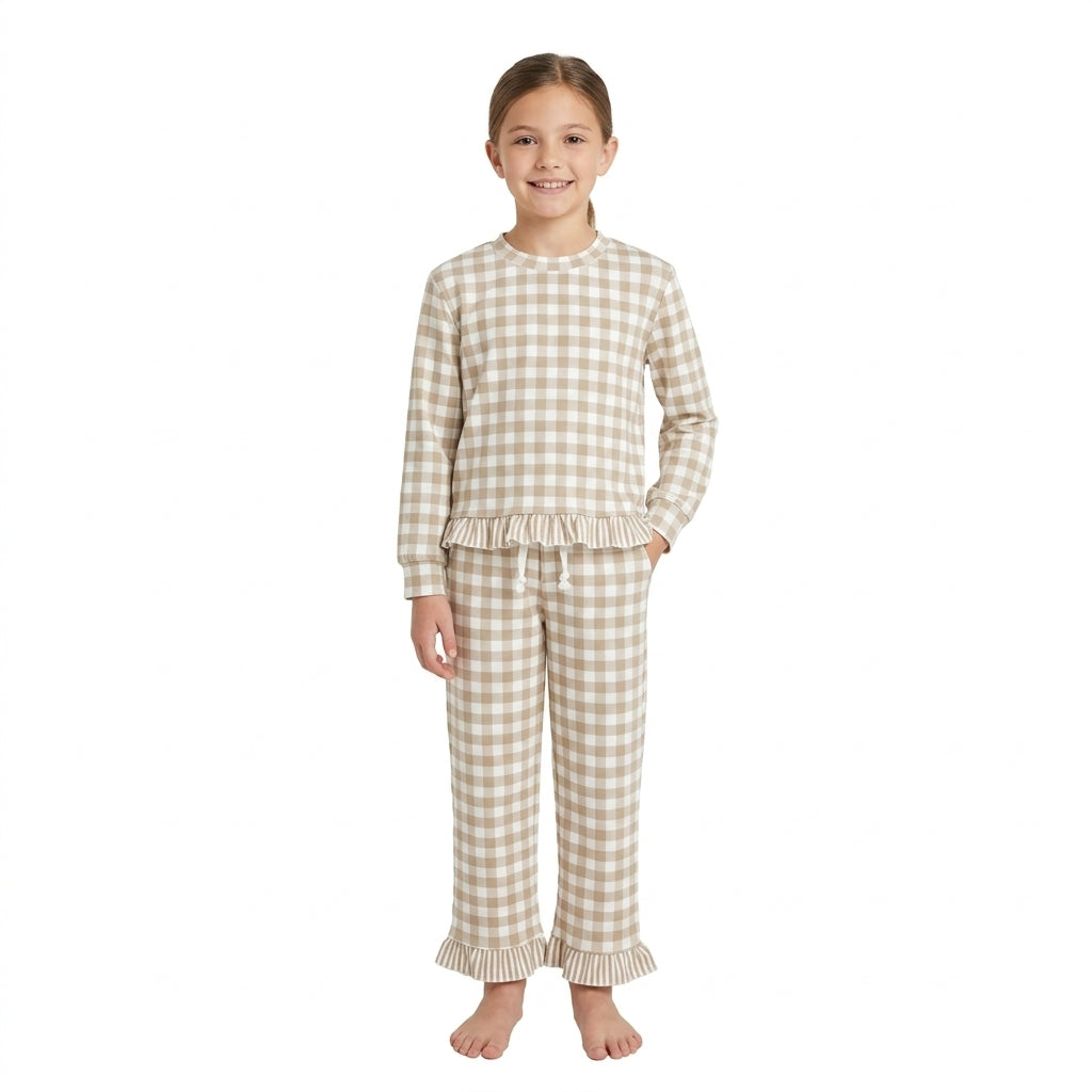 GLP3674 Khaki Gingham Long Sleeve Top Pockets Ruffle Pant Girls Clothes Set