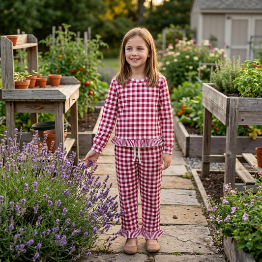 GLP3675  Maroon Gingham Long Sleeve Top Pockets Ruffle Pant Girls Clothes Set