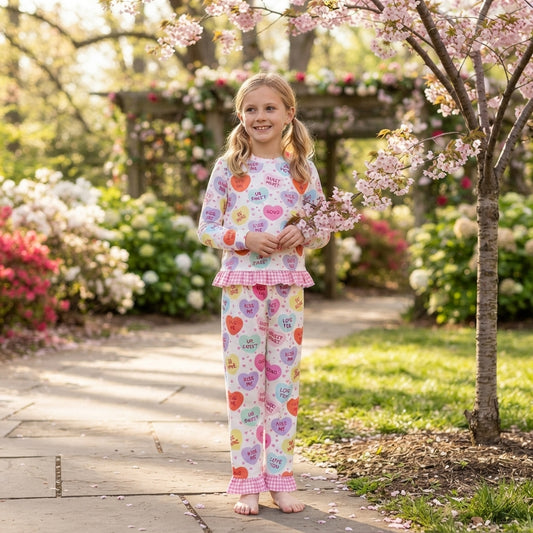 GLP3676 Kiss Me Love You Sweet Hearts Colorful Print Girls Valentine's Day Ruffle Clothes Set