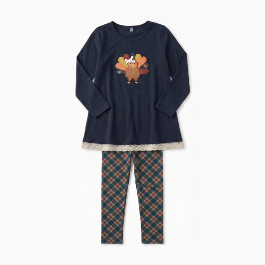 8.12 GLP3688 Preorder Turkey Navy Tunic Top Checkered Legging Pants Girls Thanksgiving Clothes Set