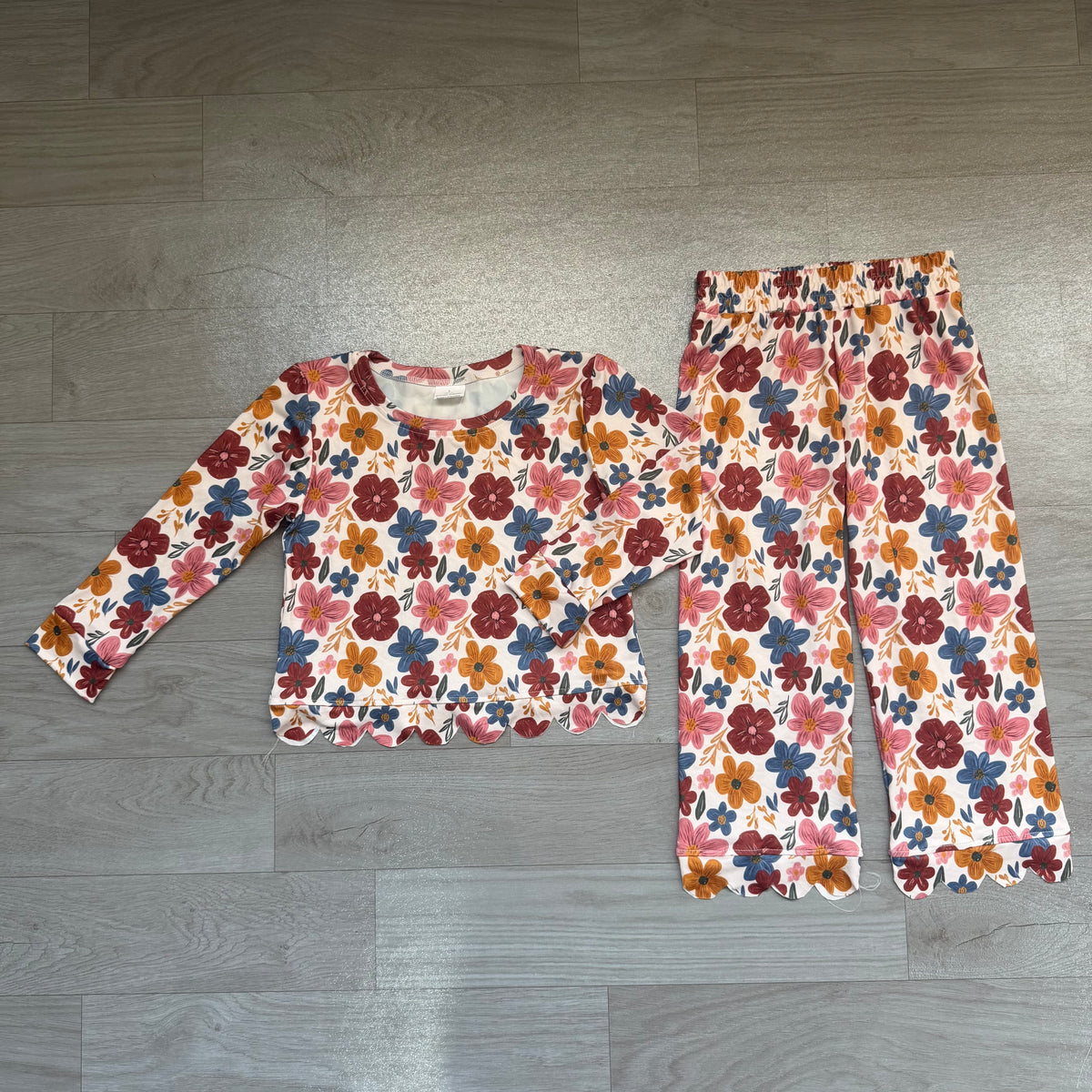 8.13 GLP3690 Preorder Brown Blue Pink Flowers Print Girls Fall Scallop Edge Clothes Set