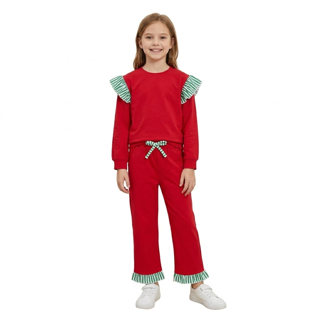 GLP3697 Girls Green Flutter Sleeve Top with Ruffle Pants Red Christmas Outfit