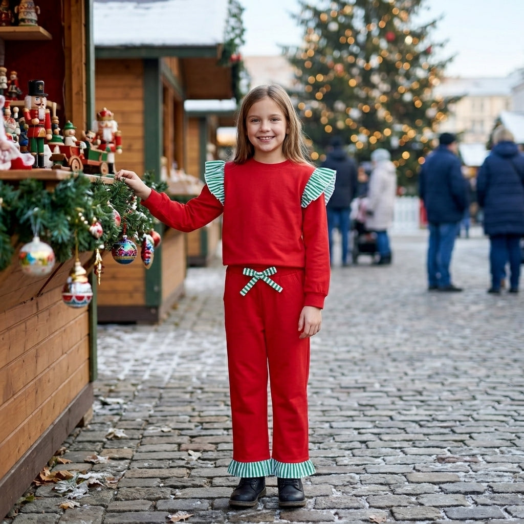 GLP3697 Girls Green Flutter Sleeve Top with Ruffle Pants Red Christmas Outfit
