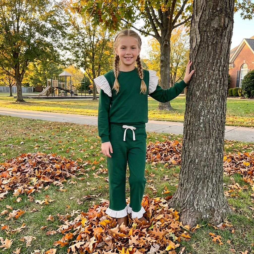 GLP3698 Girls Green Flutter Sleeve Top with Ruffle Pants Outfit