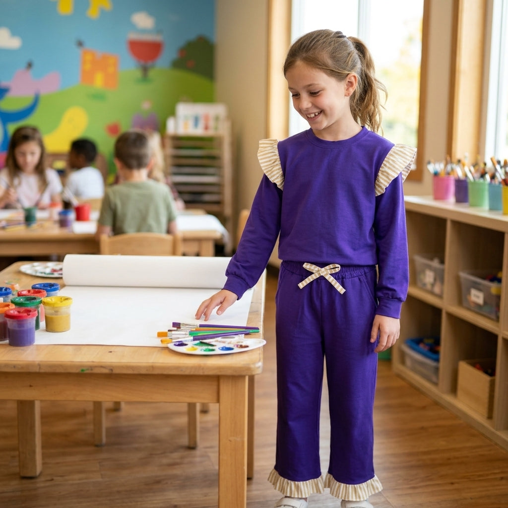 GLP3699 Girls Deep Purple Flutter Sleeve Top with Ruffle Pants Outfit