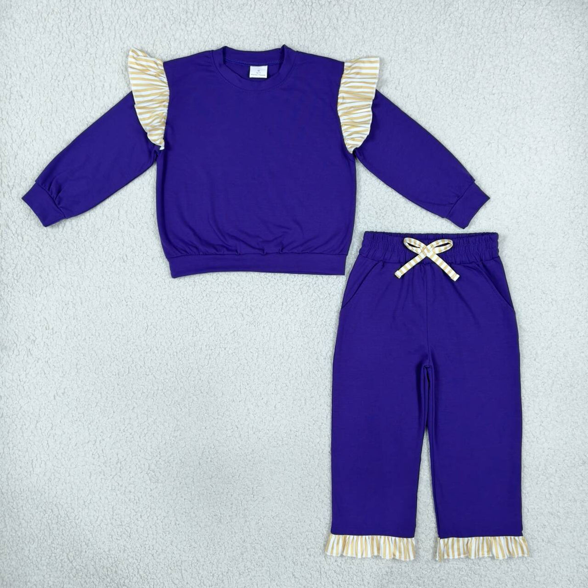 GLP3699 Girls Deep Purple Flutter Sleeve Top with Ruffle Pants Outfit