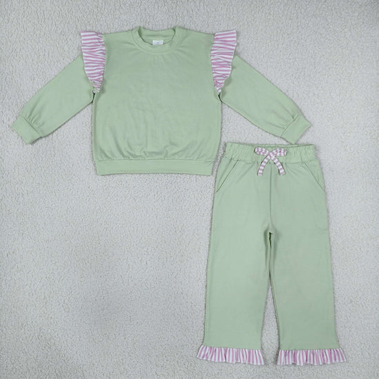 Sibling Kids Girls Light Green Long Sleeve Top with Pants and Shorts Outfit