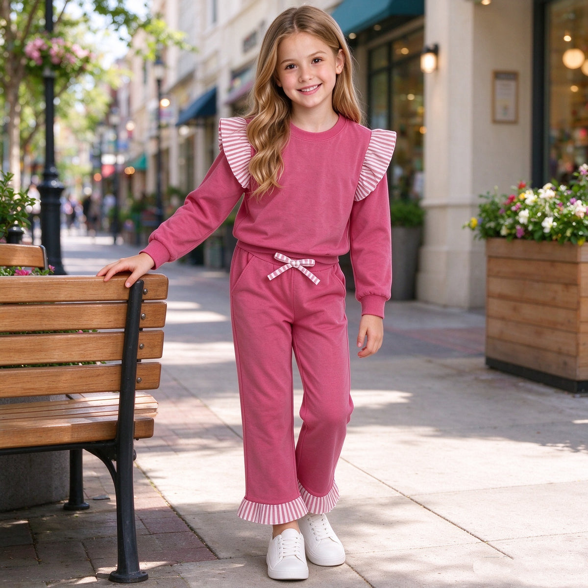 GLP3701 Girls Hot Pink Flutter Sleeve Top with Ruffle Pants Outfits