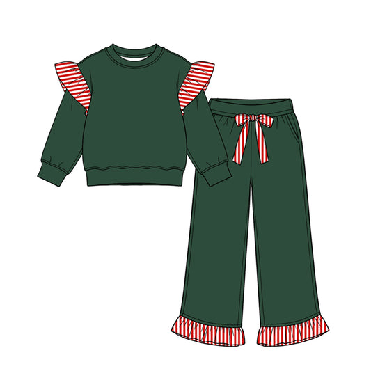 8.15 GLP3703 Preorder Kids Girls Christmas Green Red Striped Flutter Sleeve Top with Ruffle Pants Outfit