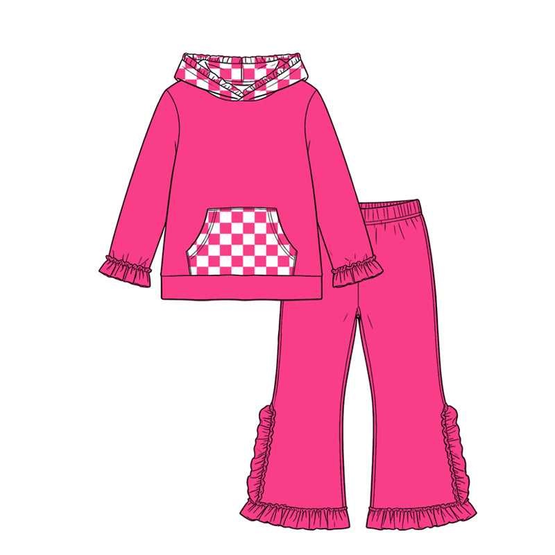 8.19 Preorder GLP3709 Girls Hot Pink Ruffle Flare Pants Set Checkerboard Hoodie 2‑Piece Outfit