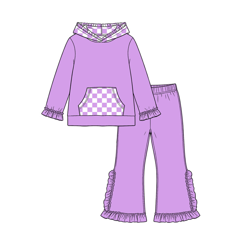 8.19 Preorder GLP3710 Girls Purple Ruffle Flare Pants Set Checkerboard Hoodie 2‑Piece Outfit