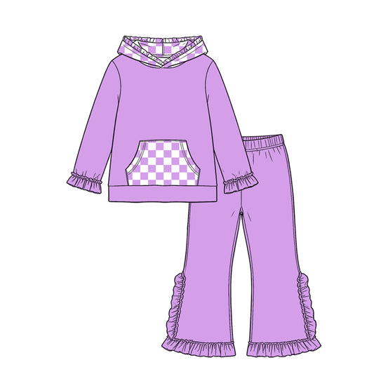 8.19 Preorder GLP3710 Girls Purple Ruffle Flare Pants Set Checkerboard Hoodie 2‑Piece Outfit