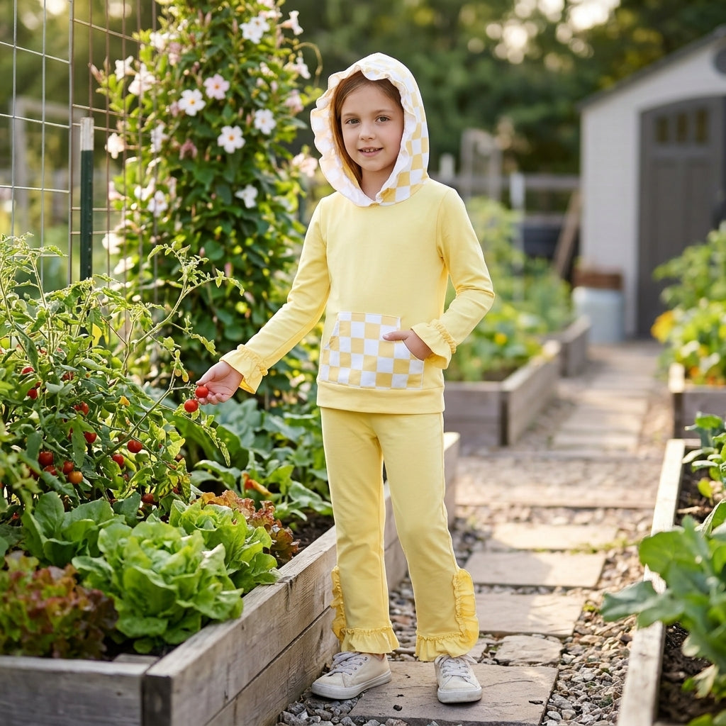 GLP3711 Girls Yellow Ruffle Flare Pants Set Checkerboard Hoodie 2‑Piece Outfit