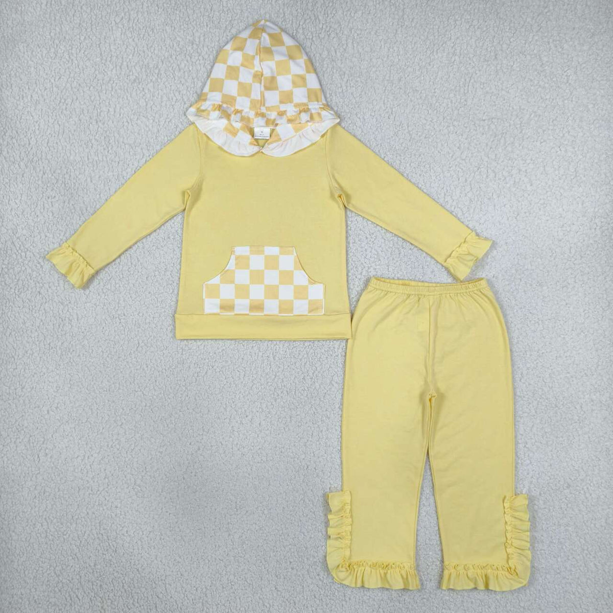 GLP3711 Girls Yellow Ruffle Flare Pants Set Checkerboard Hoodie 2‑Piece Outfit