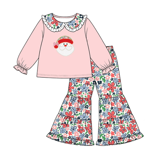 8.17 GLP3712 Preorder Santa Pink Top Flowers Bell Pants Girls Christmas Clothes Set