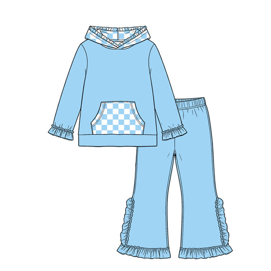 8.19 Preorder GLP3713 Girls Blue Pants Set Checkerboard Hoodie 2‑Piece Outfit
