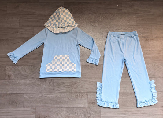 8.19 Preorder GLP3713 Girls Blue Pants Set Checkerboard Hoodie 2‑Piece Outfit