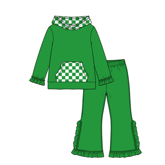 8.19 Preorder GLP3714 Girls Green Pants Set Checkerboard Hoodie 2‑Piece Outfit