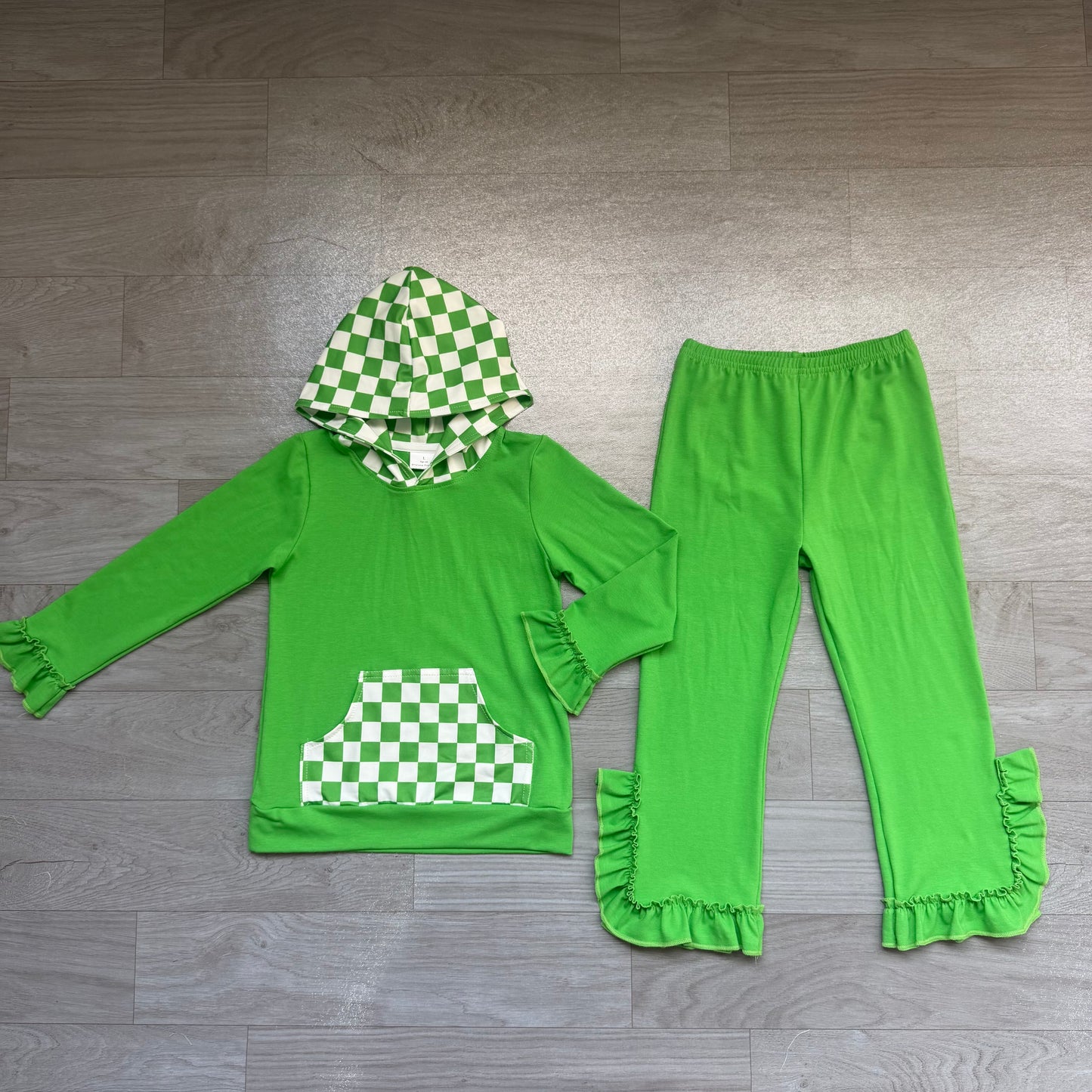 8.19 Preorder GLP3714 Girls Green Pants Set Checkerboard Hoodie 2‑Piece Outfit