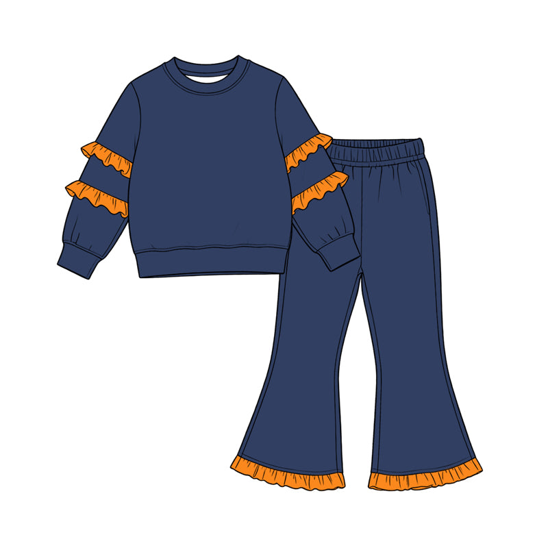 8.19 Preorder Girls Navy Double Orange Ruffle Sweatshirt Flare Pants 2‑Piece Matching Set