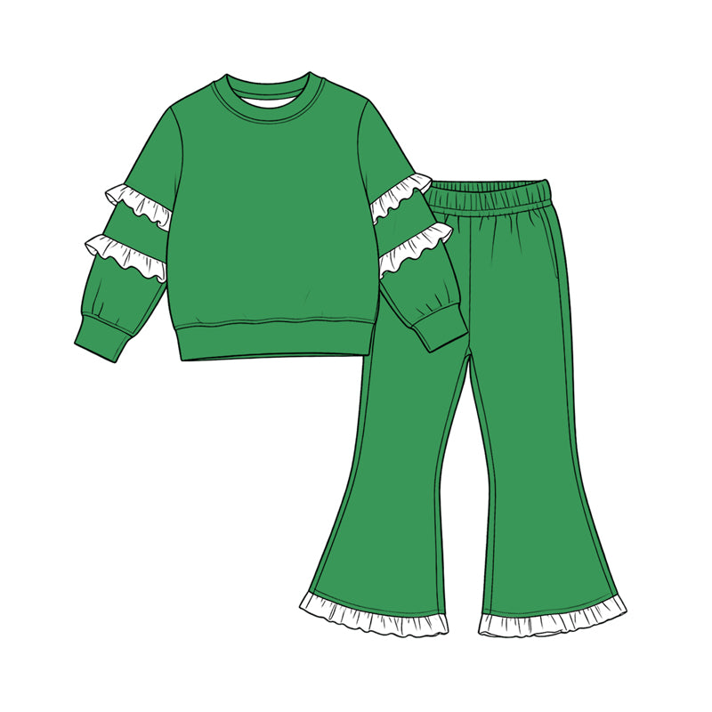 8.19 Preorder Girls Green White Ruffle 2‑Piece Sweatshirt Flare Pants Set