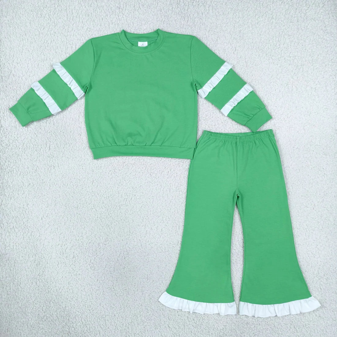 Sibling  Baby Girls  Cotton  Long Sleeve Top Bell Bottom Pants Outfit with White Ruffle