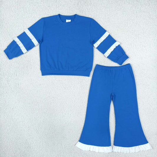 GLP3719 Teams Royal Blue Double White Ruffle Sweatshirt Flare Pants Girls 2‑Piece Cotton Clothes Set
