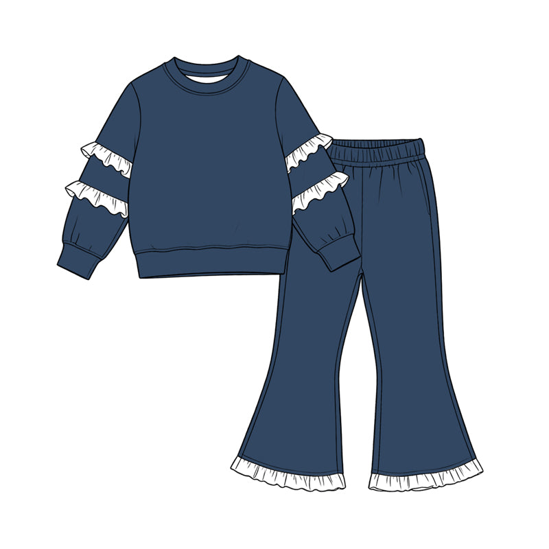 8.19 Preorder Girls  Navy Double White Ruffle Sweatshirt Flare Pants 2‑Piece Set