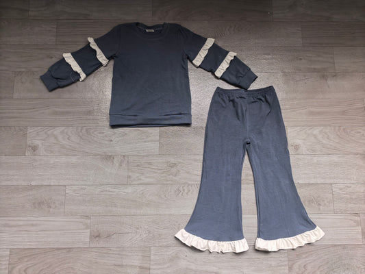 8.19 Preorder Girls  Navy Double White Ruffle Sweatshirt Flare Pants 2‑Piece Set