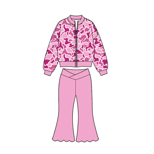 8.19 Preorder Girls Pink Camo Zip‑Up Bomber Jacket & Scalloped Flare Pants Active Outfit