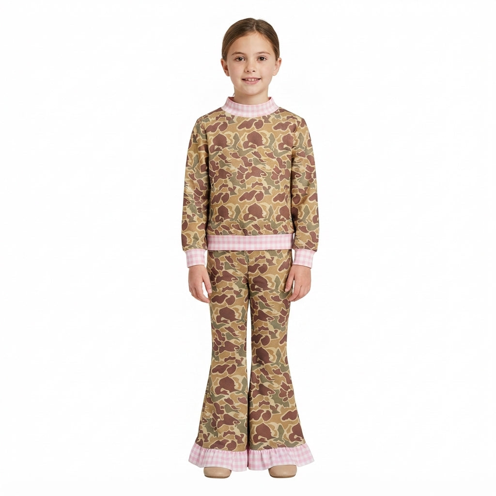GLP3735 Brown Camo Pink Gingham Mock Neck Top Bell Pants Girls Fall Clothes Set