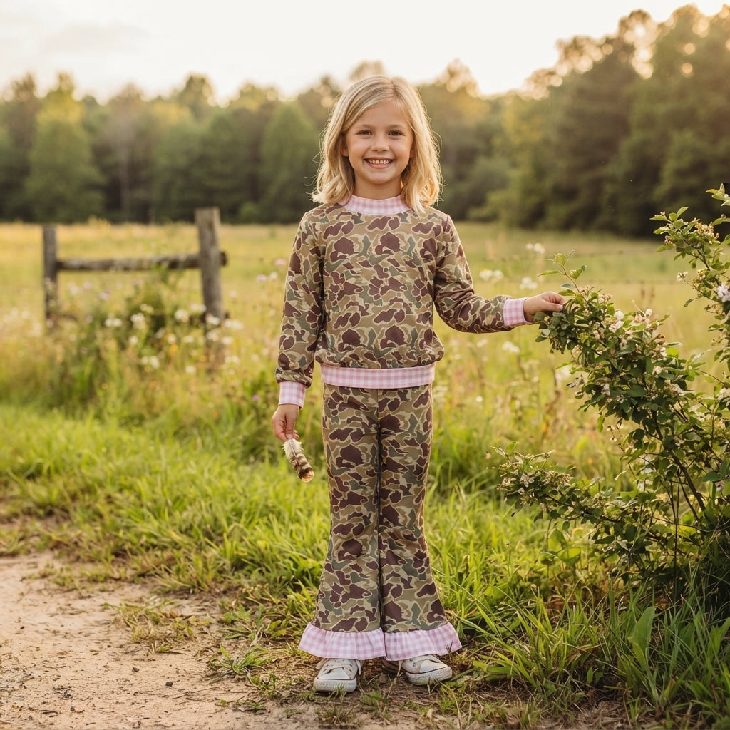 GLP3735 Brown Camo Pink Gingham Mock Neck Top Bell Pants Girls Fall Clothes Set