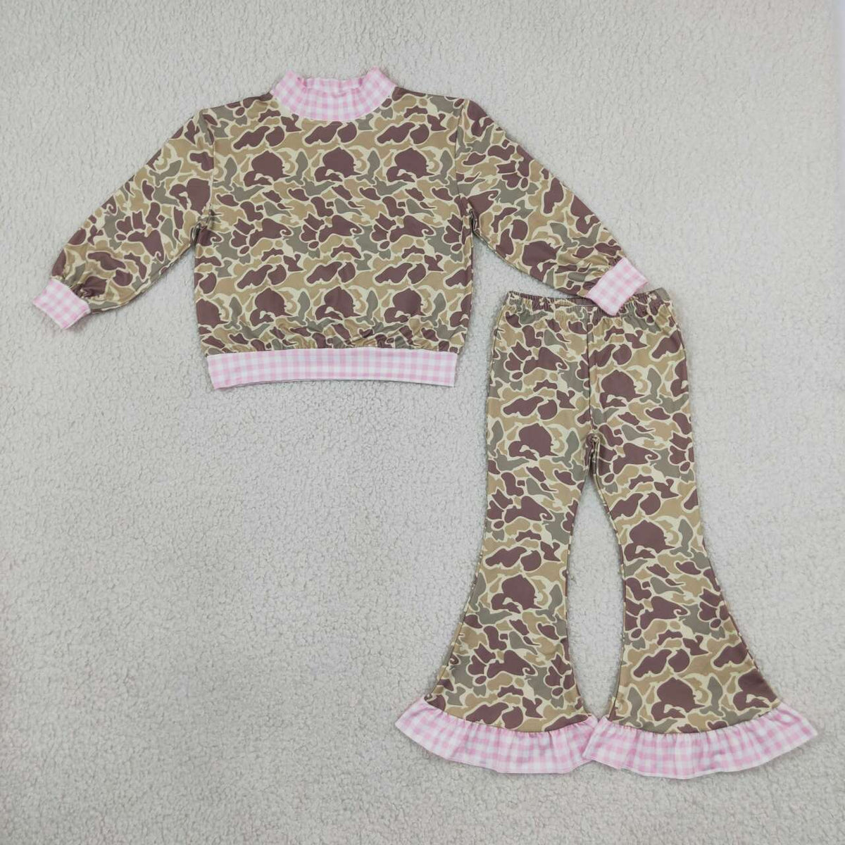 GLP3735 Brown Camo Pink Gingham Mock Neck Top Bell Pants Girls Fall Clothes Set