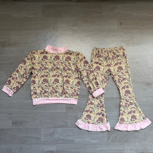 8.20 GLP3735 Preorder Brown Green Camo Top Bell Pants Girls Fall Clothes Set