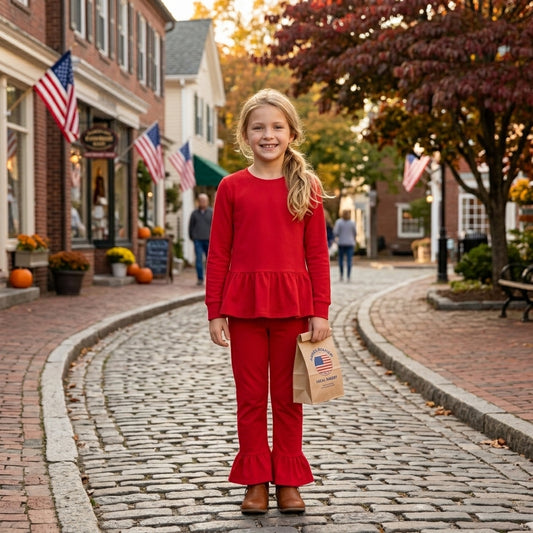 GLP3749 Red Cotton Long Sleeve Top Ruffle Pants Girls Fall Clothes Set