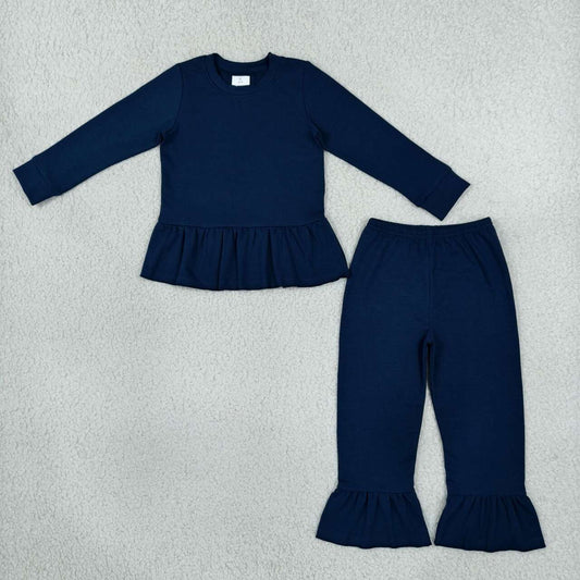GLP3750  Navy Cotton Long Sleeve Top Ruffle Pants Girls Fall Clothes Set