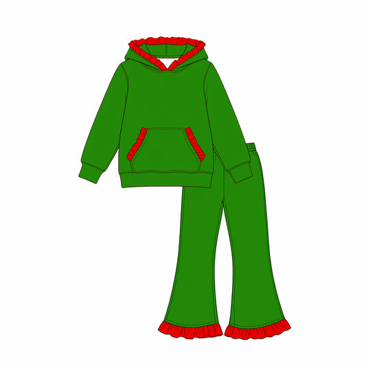 8.22 Preorder GLP3752 Green Cotton Pocket Hoodie Top Bell Pants Girls Christmas Clothes Set